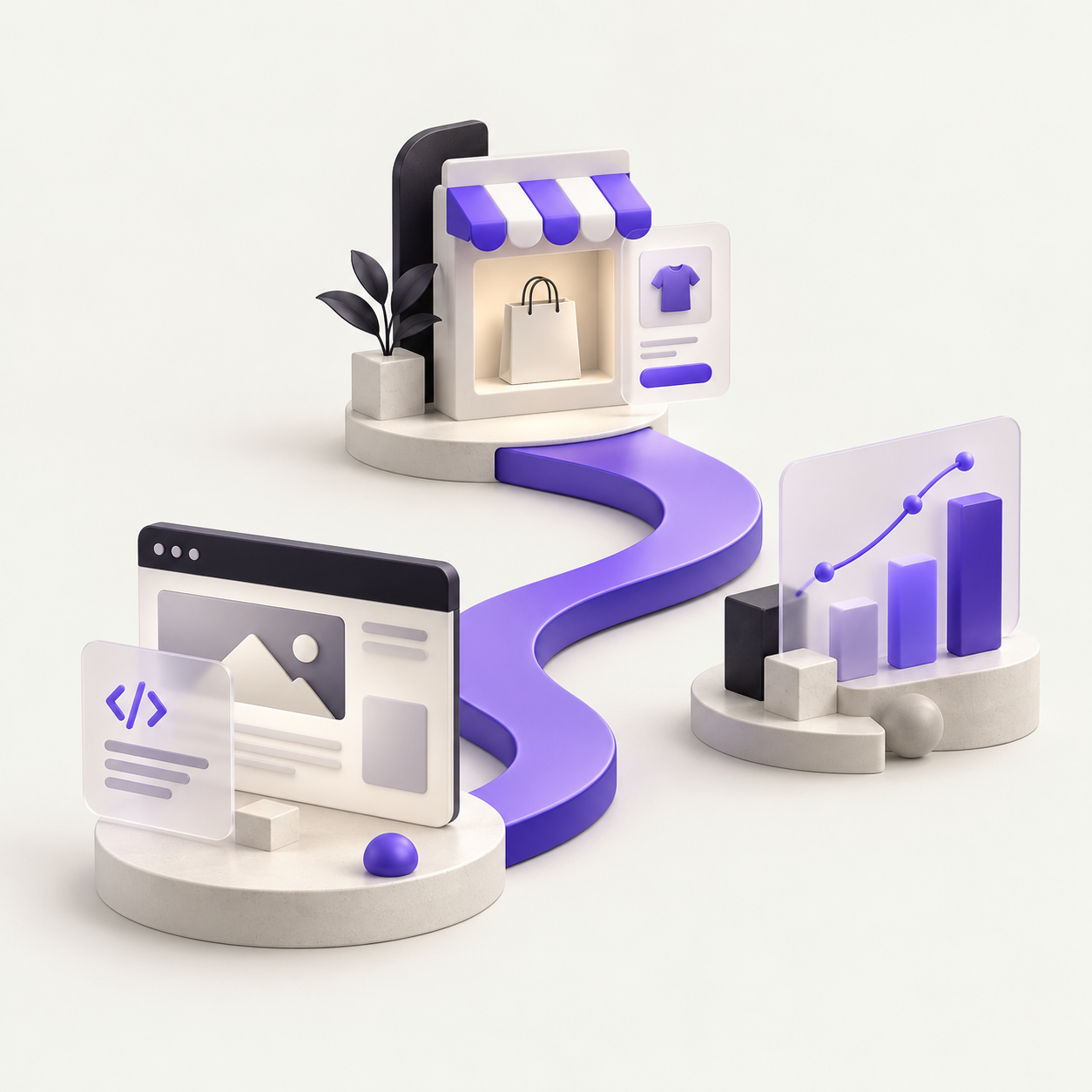 Violet path connecting a website, an online storefront and abstract analytics panels