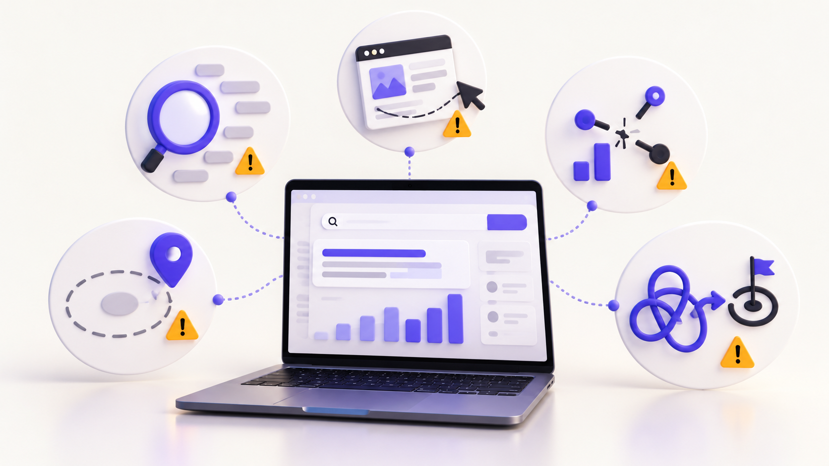 Conceptual advertising dashboard surrounded by symbols for broad keywords, landing page mismatch, broken tracking, location targeting and unclear optimization.