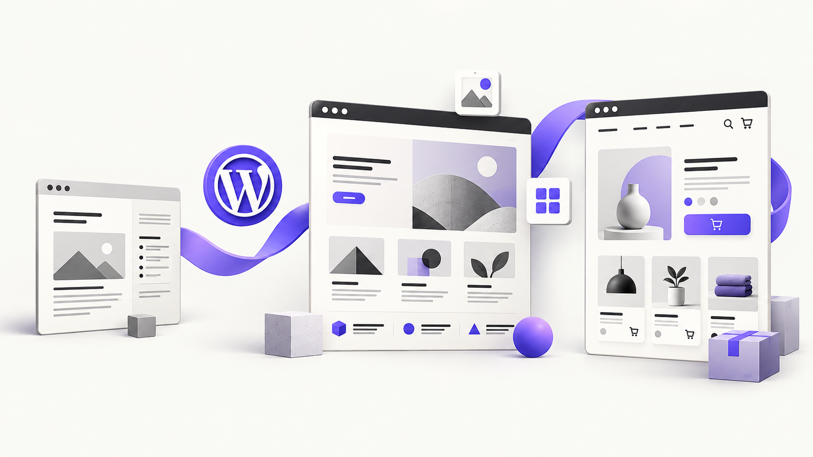 Conceptual illustration of a simple blog evolving into a modern website and online store, connected by a violet ribbon.